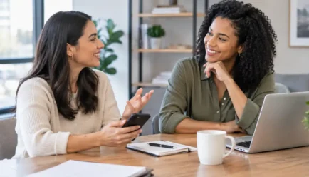 Two women smiling and having a friendly conversation at a modern workspace with a smartphone, laptop, notebook, and coffee cup on the table.