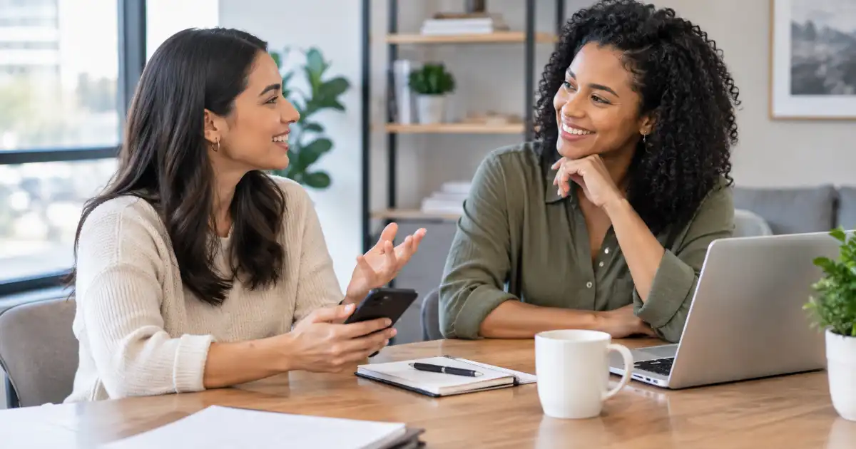 Two women smiling and having a friendly conversation at a modern workspace with a smartphone, laptop, notebook, and coffee cup on the table.