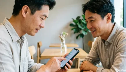 **Alt text:** Two adults having a friendly conversation through smartphones in a modern indoor setting, with one checking a text message and the other smiling naturally.