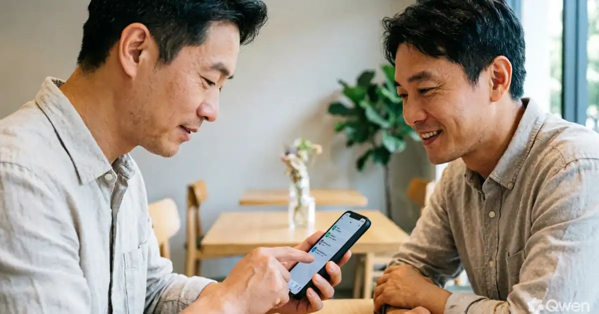 **Alt text:** Two adults having a friendly conversation through smartphones in a modern indoor setting, with one checking a text message and the other smiling naturally.