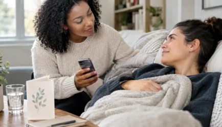 Two adults sharing a supportive moment with one person resting under a blanket while a friend checks in, with a phone, greeting card, notebook, and water glass nearby.