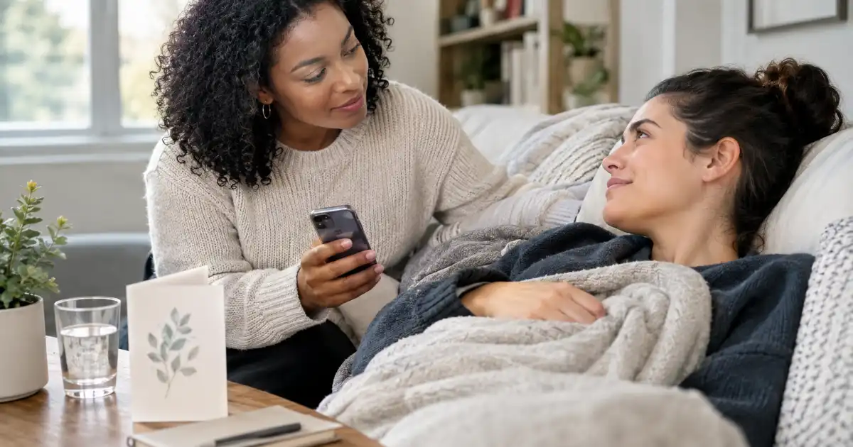 Two adults sharing a supportive moment with one person resting under a blanket while a friend checks in, with a phone, greeting card, notebook, and water glass nearby.