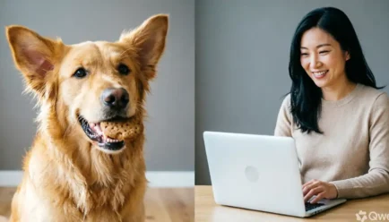 A split-composition blog header featuring a happy dog holding a treat on the left and a smiling professional woman working on a laptop on the right, set against a soft neutral beige and blue background with natural lighting.