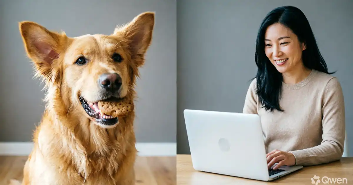 A split-composition blog header featuring a happy dog holding a treat on the left and a smiling professional woman working on a laptop on the right, set against a soft neutral beige and blue background with natural lighting.