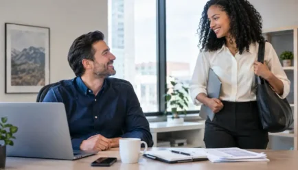 Two diverse professionals smiling during a friendly Friday afternoon office conversation before the weekend.