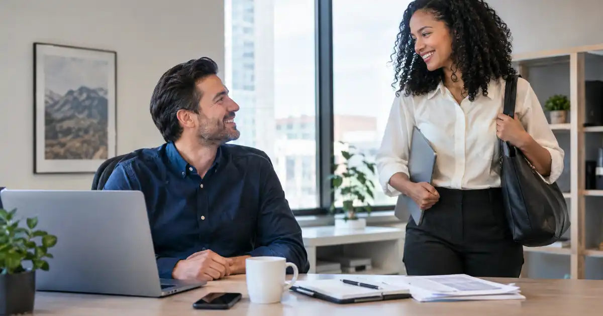 Two diverse professionals smiling during a friendly Friday afternoon office conversation before the weekend.