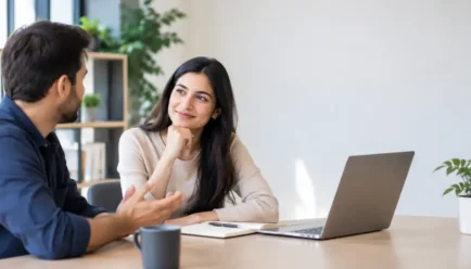 **Alt text:** Two adults having a friendly conversation in a bright, modern office with a laptop and notebook on the table.