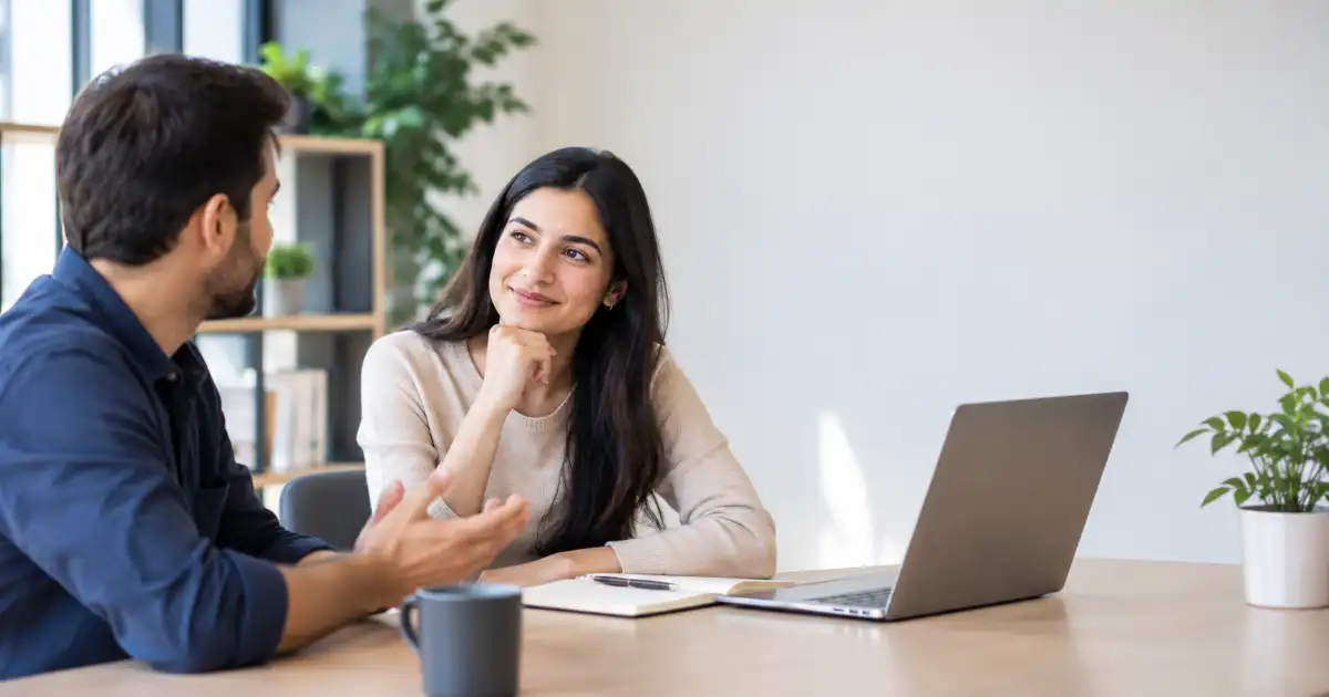 **Alt text:** Two adults having a friendly conversation in a bright, modern office with a laptop and notebook on the table.