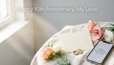 **Image alt text:** Elegant wedding anniversary setting with wedding rings, flowers, greeting card, and smartphone displaying an anniversary message.