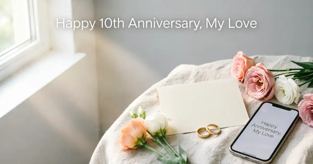 **Image alt text:** Elegant wedding anniversary setting with wedding rings, flowers, greeting card, and smartphone displaying an anniversary message.