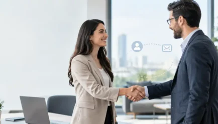 **Alt text:** Two diverse professionals meeting and shaking hands in a bright modern office, with subtle digital communication elements in the background and open space for a blog title.