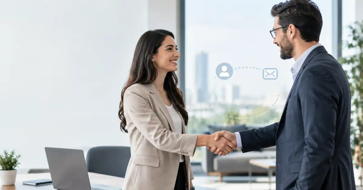 **Alt text:** Two diverse professionals meeting and shaking hands in a bright modern office, with subtle digital communication elements in the background and open space for a blog title.
