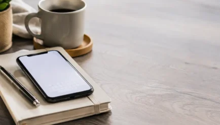 **Alt text:** Smartphone on a notebook beside a coffee cup on a calm, neutral-toned desk, representing a thoughtful farewell or encouragement message.