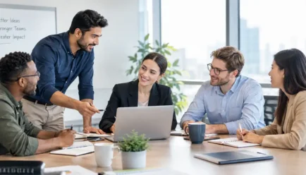 **Alt Text:** Diverse professional team collaborating around a table in a modern office, highlighting teamwork, expertise, contribution, and effective communication.