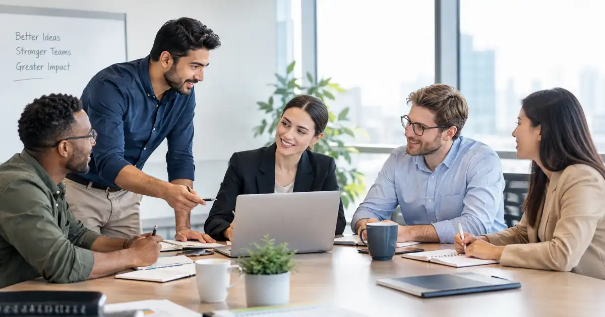 **Alt Text:** Diverse professional team collaborating around a table in a modern office, highlighting teamwork, expertise, contribution, and effective communication.