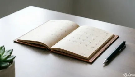 A minimalist desk setup bathed in soft natural daylight, featuring an elegant open leather-bound calendar planner, a sleek black pen, and a small potted succulent on a neutral-toned surface.