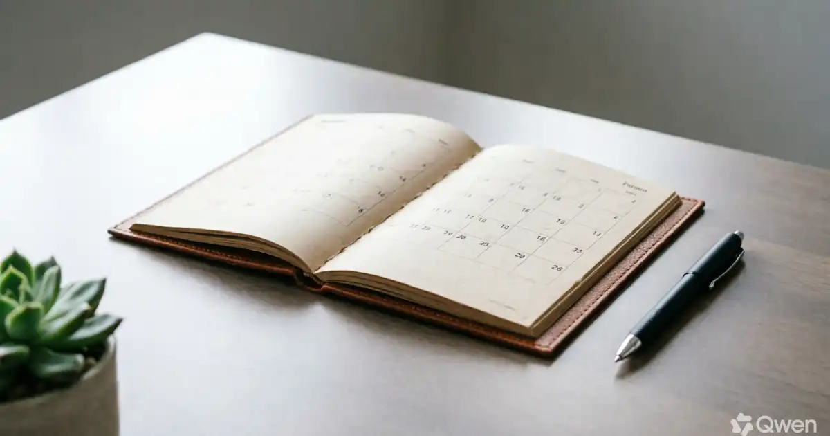 A minimalist desk setup bathed in soft natural daylight, featuring an elegant open leather-bound calendar planner, a sleek black pen, and a small potted succulent on a neutral-toned surface.