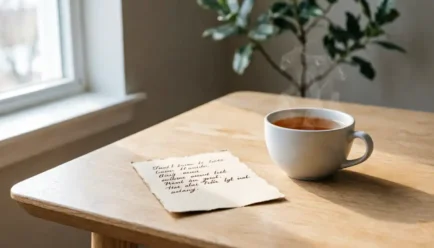 A clean, minimalist wooden desk featuring a steaming cup of tea and a handwritten note bathed in soft natural light, representing thoughtful communication and sincere goodwill.