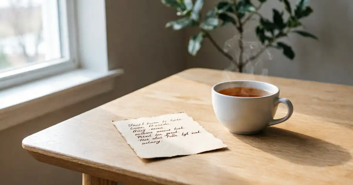 A clean, minimalist wooden desk featuring a steaming cup of tea and a handwritten note bathed in soft natural light, representing thoughtful communication and sincere goodwill.