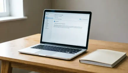 A clean, minimalist wooden desk featuring a laptop with an open email interface and a closed notepad, bathed in soft natural light, representing professional email communication and organization