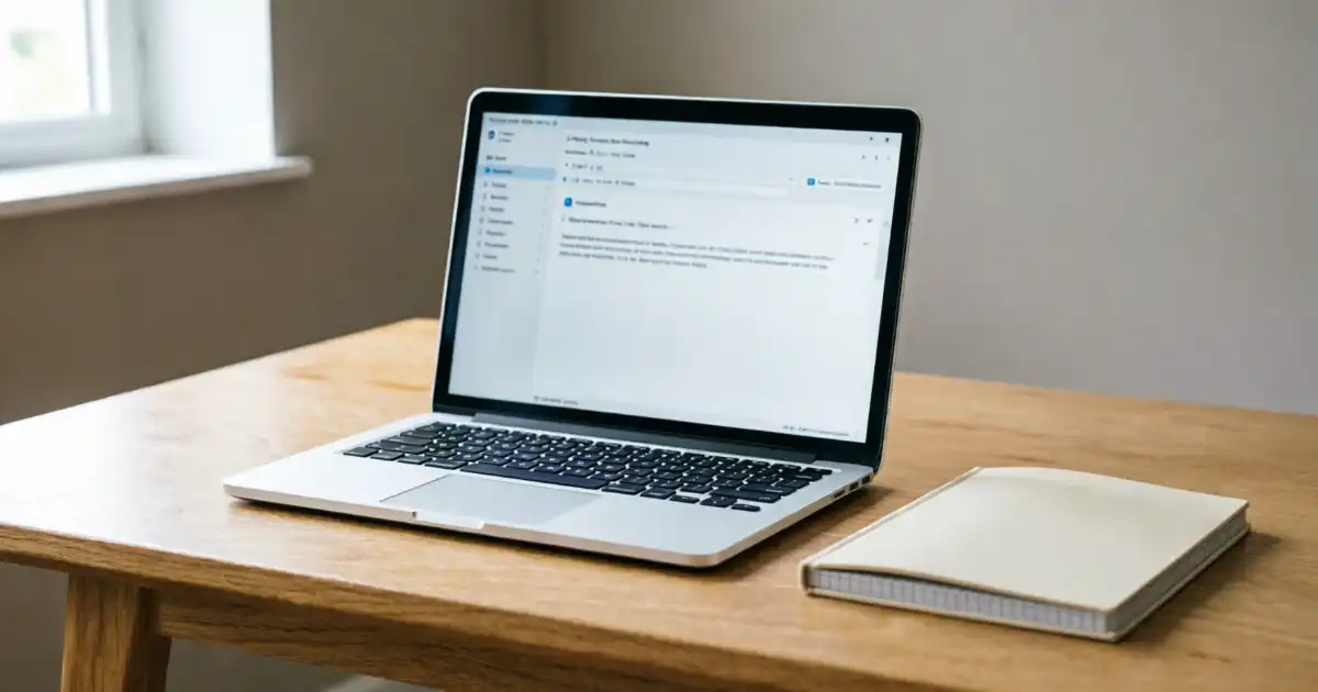 A clean, minimalist wooden desk featuring a laptop with an open email interface and a closed notepad, bathed in soft natural light, representing professional email communication and organization