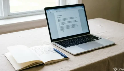 A minimalist writing desk featuring an open laptop, a notebook, and a pen under soft natural daylight.