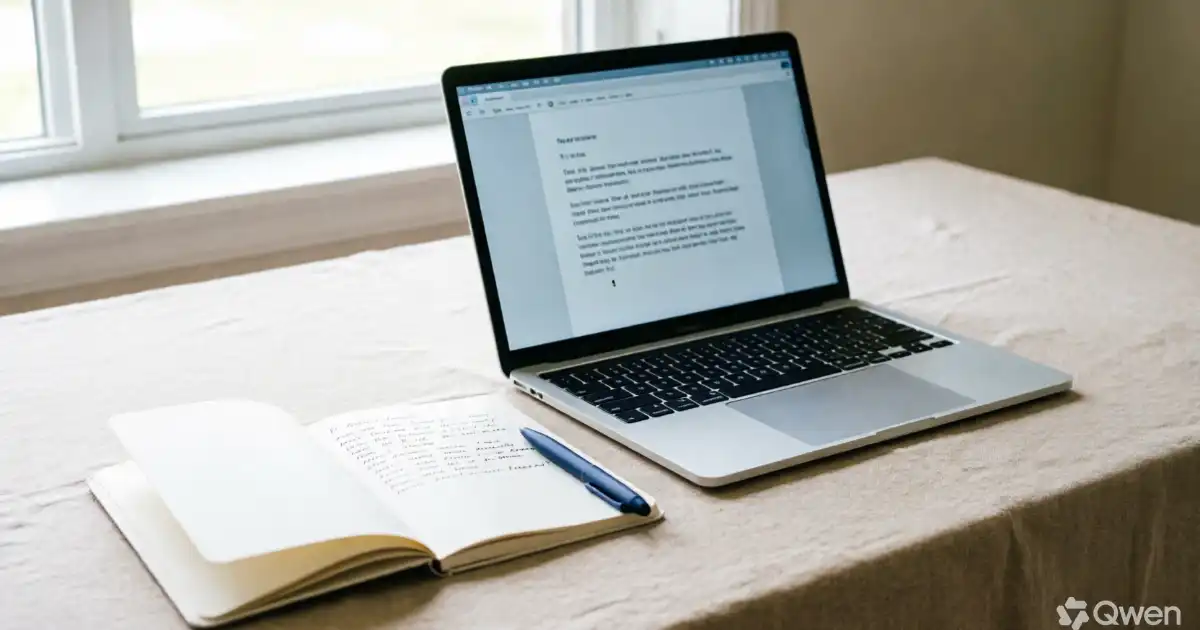 A minimalist writing desk featuring an open laptop, a notebook, and a pen under soft natural daylight.