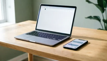 Minimalist wooden desk featuring an open laptop and a smartphone displaying a friendly chat interface, representing modern customer support and seamless digital communication