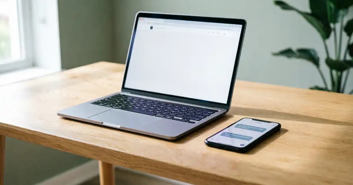 Minimalist wooden desk featuring an open laptop and a smartphone displaying a friendly chat interface, representing modern customer support and seamless digital communication