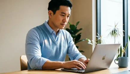Professional person typing on laptop computer at wooden desk in bright minimalist office with large windows, soft natural lighting, neutral beige walls, indoor plants, and soft blue accents, clean modern workspace
