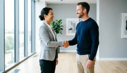Two smiling professionals shaking hands in a bright, modern office with large windows and natural light, representing a successful first meeting, networking, and professional introductions.