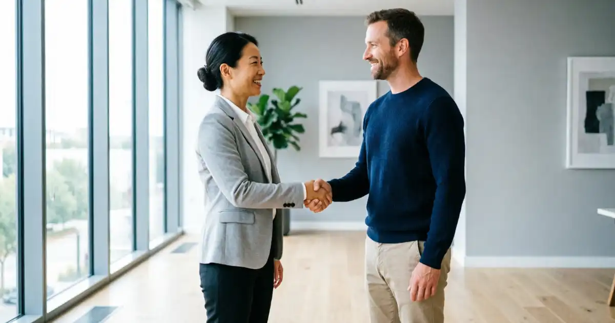 Two smiling professionals shaking hands in a bright, modern office with large windows and natural light, representing a successful first meeting, networking, and professional introductions.