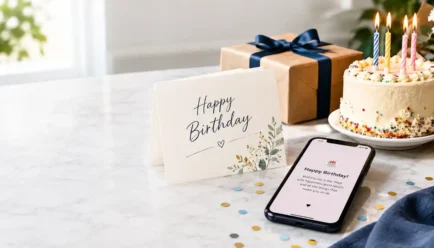 **Alt text:** Elegant birthday setup with a greeting card, wrapped gift, birthday cake, and smartphone displaying a friendly birthday message on a bright marble table.