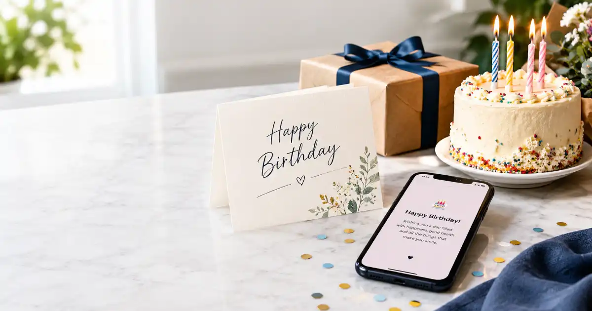 **Alt text:** Elegant birthday setup with a greeting card, wrapped gift, birthday cake, and smartphone displaying a friendly birthday message on a bright marble table.