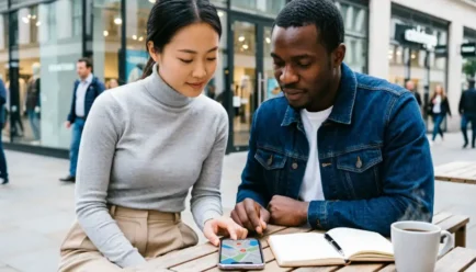 Two diverse adults sitting at an outdoor urban cafe table looking at a map on a smartphone, with an open notebook and coffee cup nearby, illustrating local navigation and finding nearby places.