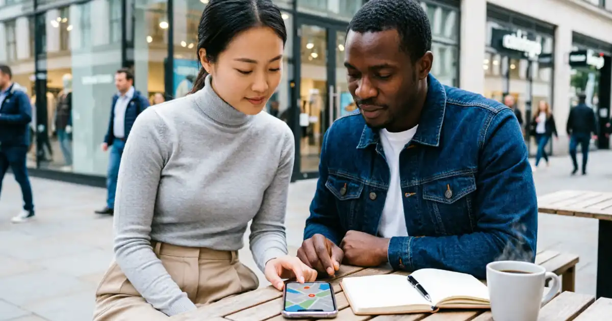 Two diverse adults sitting at an outdoor urban cafe table looking at a map on a smartphone, with an open notebook and coffee cup nearby, illustrating local navigation and finding nearby places.