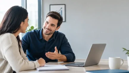 **Alt text:** Two professionals having a positive workplace conversation, with a laptop and notebook on the desk, representing encouragement and motivation.