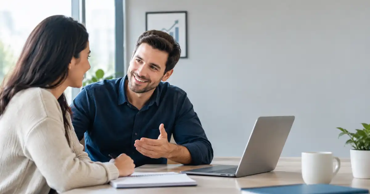 **Alt text:** Two professionals having a positive workplace conversation, with a laptop and notebook on the desk, representing encouragement and motivation.