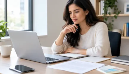 Professional writer reviewing alternative wording and sentence structures on a laptop and notebook at a modern desk