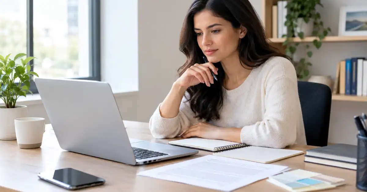 Professional writer reviewing alternative wording and sentence structures on a laptop and notebook at a modern desk