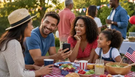 Family and friends enjoying a festive 4th of July outdoor gathering with American flags, picnic food, and holiday decorations.
