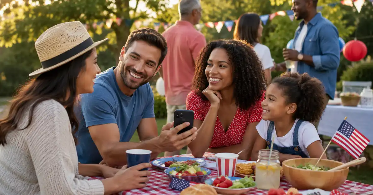 Family and friends enjoying a festive 4th of July outdoor gathering with American flags, picnic food, and holiday decorations.
