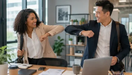 Two diverse professionals greeting each other positively at a modern office on Monday morning.