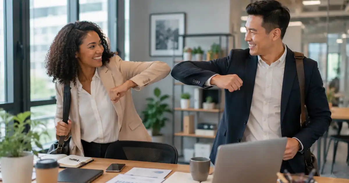 Two diverse professionals greeting each other positively at a modern office on Monday morning.