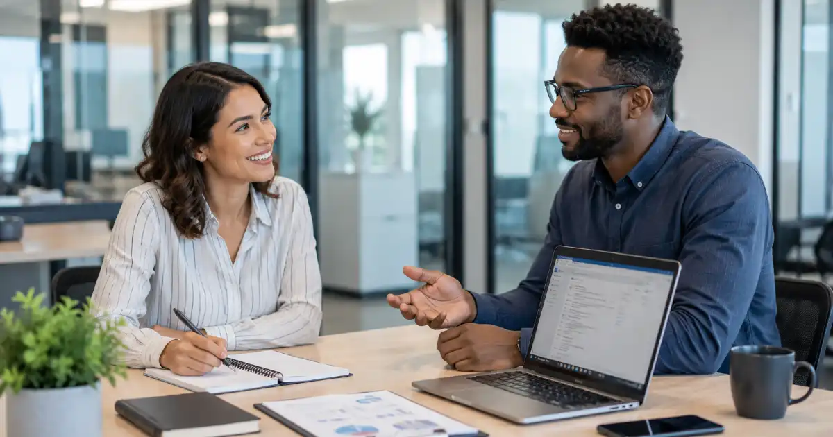 Two diverse professionals having a helpful workplace conversation while sharing information and offering assistance.