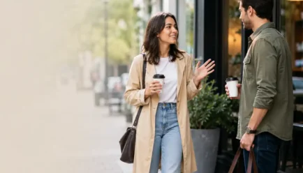 Two adults having a casual conversation outside a city café, representing natural alternatives to “hit it and quit it” and moving on after a brief connection.