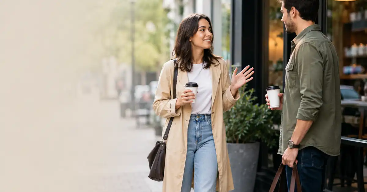 Two adults having a casual conversation outside a city café, representing natural alternatives to “hit it and quit it” and moving on after a brief connection.