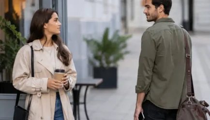 Two adults having a casual conversation outside a modern café, representing alternatives to “hit it and quit it” and moving on after a brief connection.