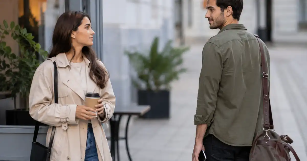 Two adults having a casual conversation outside a modern café, representing alternatives to “hit it and quit it” and moving on after a brief connection.