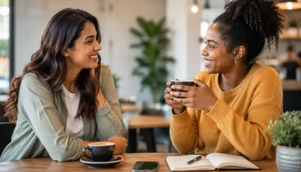 Two friends reconnecting over coffee in a modern cafe, representing friendship, warmth, thoughtful communication, and missing someone